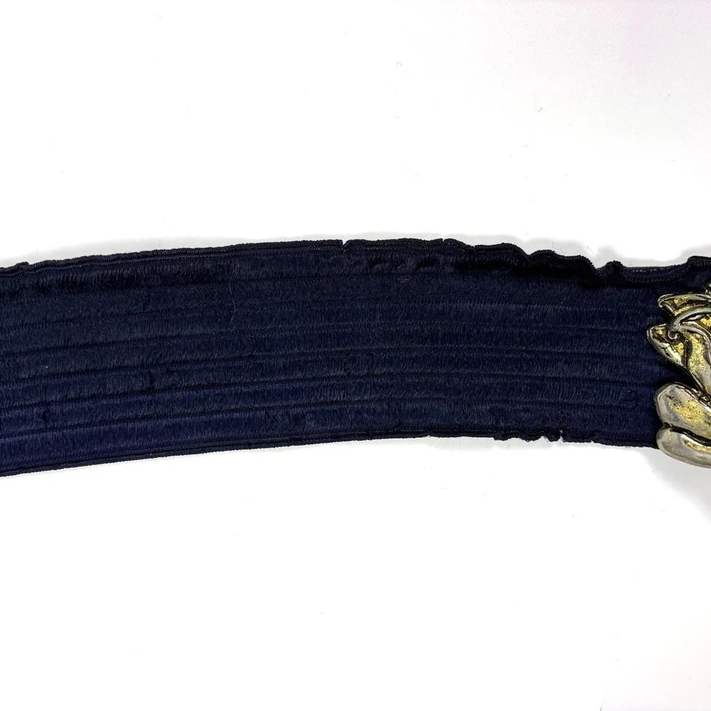 VTG 80s Waist Cincher Floral Buckle Belt Gold Hardware Navy Elastic Band‎ Boho